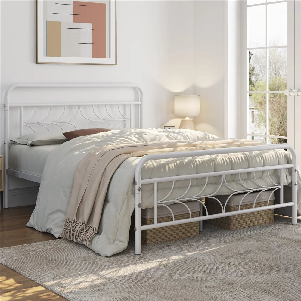 White Full Size Metal Bed with Headboard and Footboard D39913