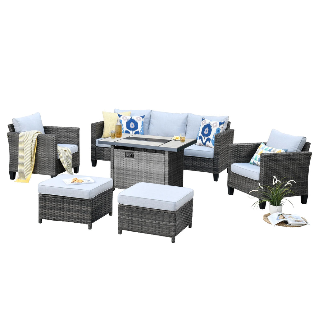 6 Pieces Outdoor Patio Furniture with Rectangle Fire Pit Table Wicker Set Z8136