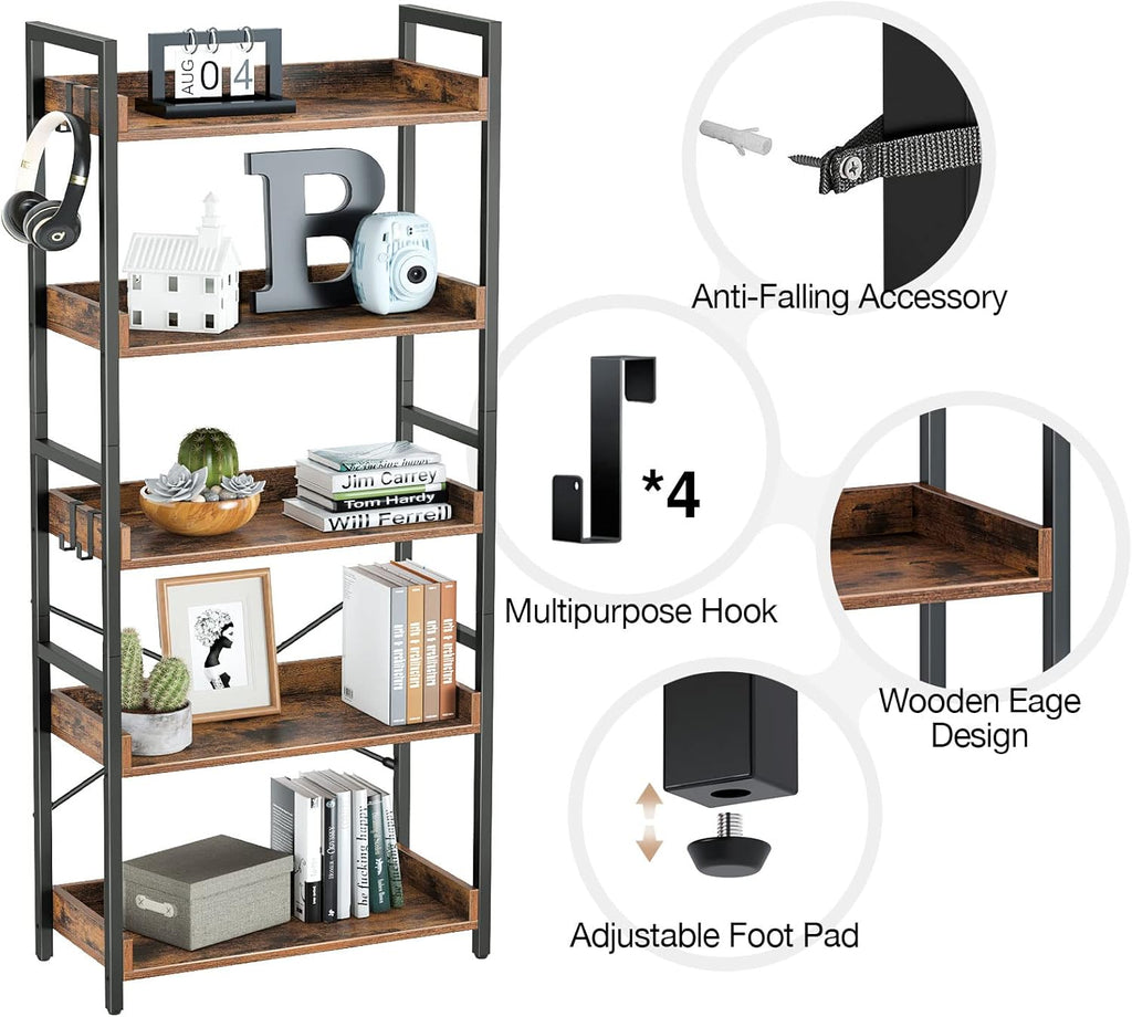 5 Tier Wood Bookshelf with 4 Hooks E72974