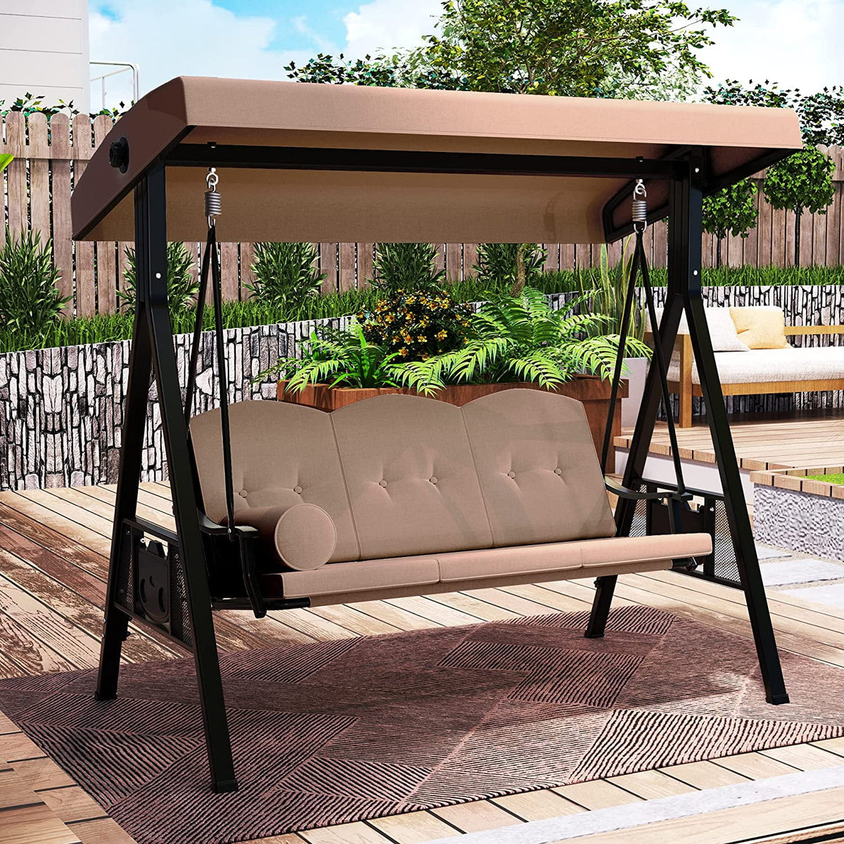 3 Person Outdoor Patio Swing Chair with Adjustable Canopy and Cushion P345