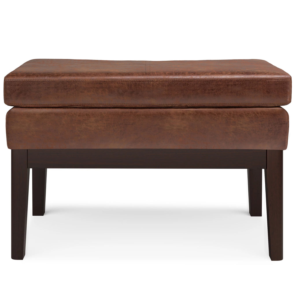 26 inch Wide Small Ottoman Bench in Distressed Saddle Brown Faux Leather O589