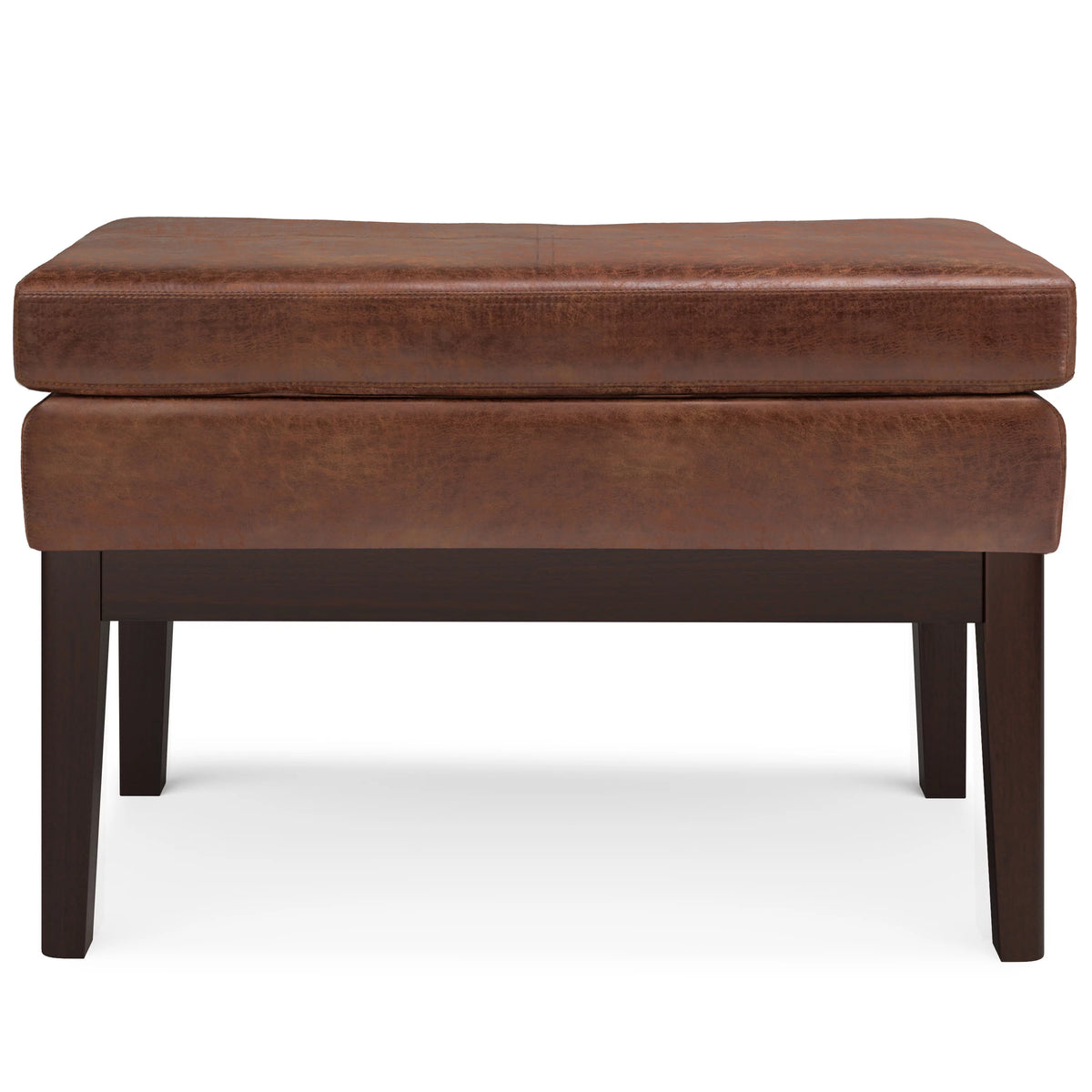 26 inch Wide Small Ottoman Bench in Distressed Saddle Brown Faux Leather O589