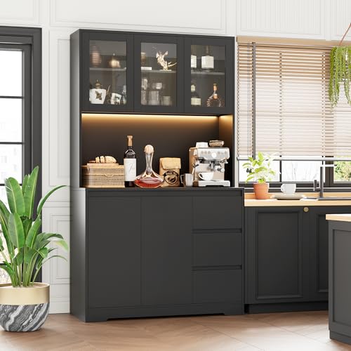 Black 71" Kitchen Pantry Cabinet with LED Lights and Charging Station A206988