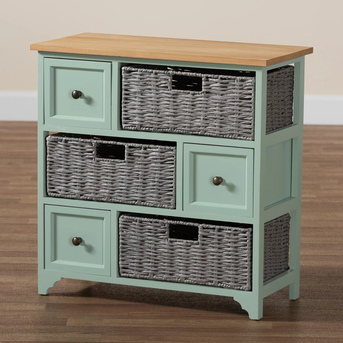 Oak Brown and Mint Green Wood 3-Drawer Storage Unit with Baskets U122
