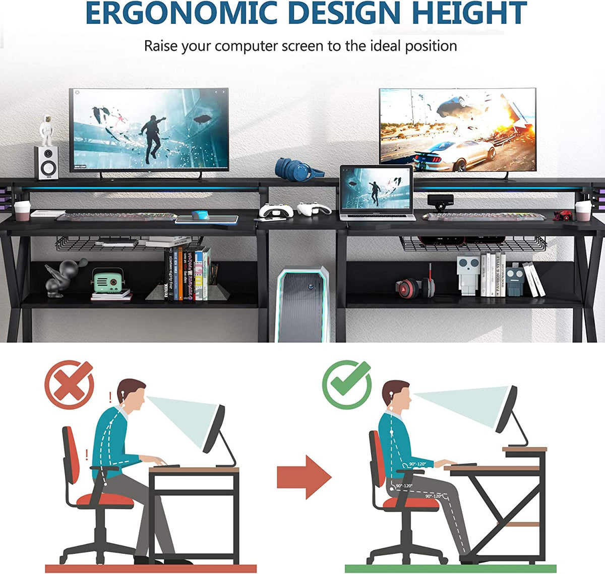 Double Gaming Desk with Hutch Monitor Stand Riser, 102-Inch Two Person Computer Desk with Storage Bookshelf P558523