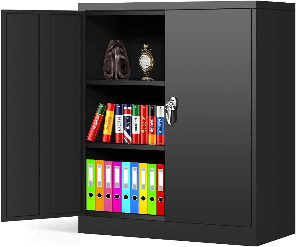 Locking Metal Cabinet with 2 Doors, 4 Adjustable Shelves, Black P3468