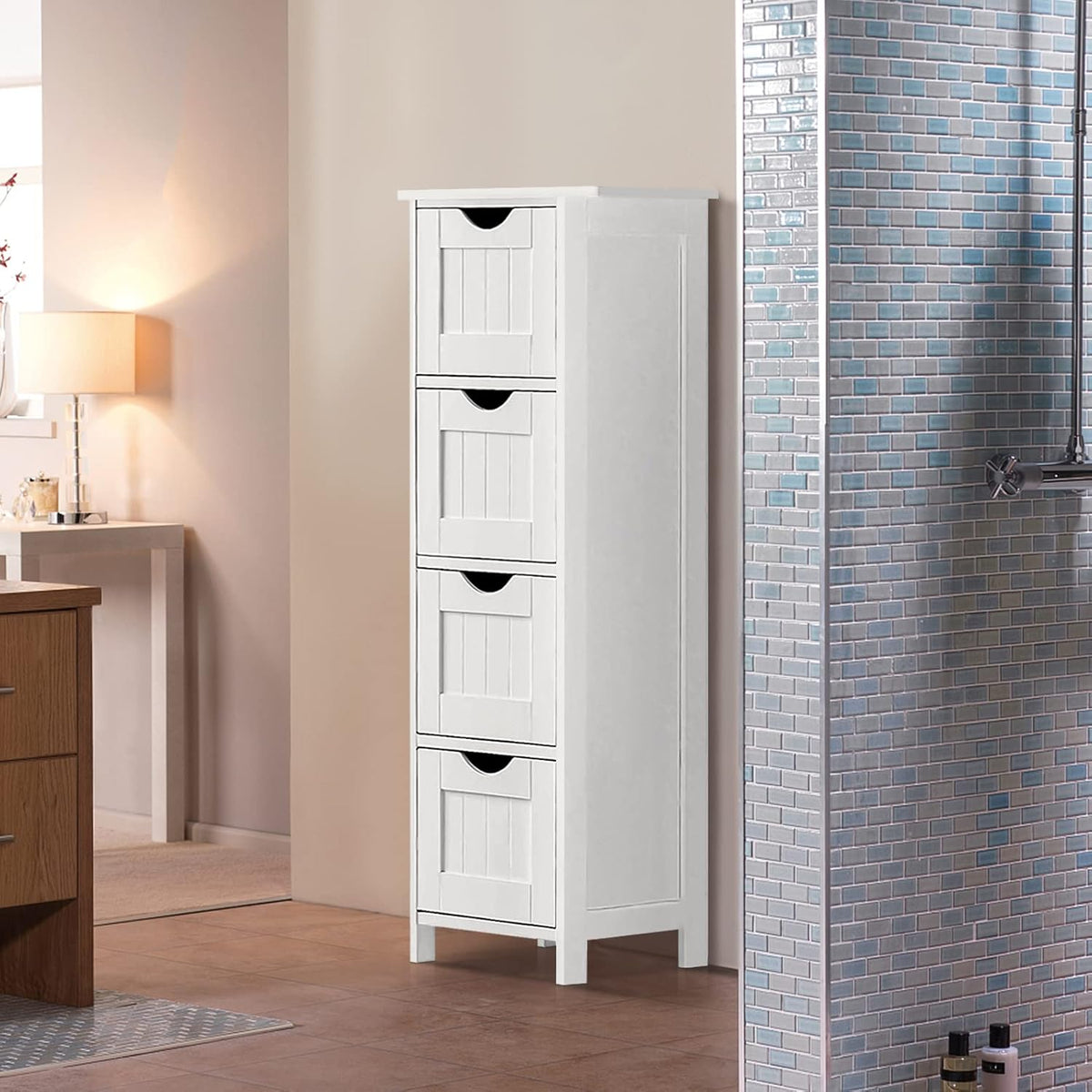 White Wooden Bathroom Floor Cabinet with 4 Drawers C70679
