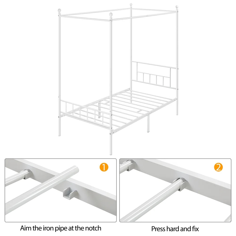 White Twin Metal Canopy Bed Frame with Headboard and Footboard N811758