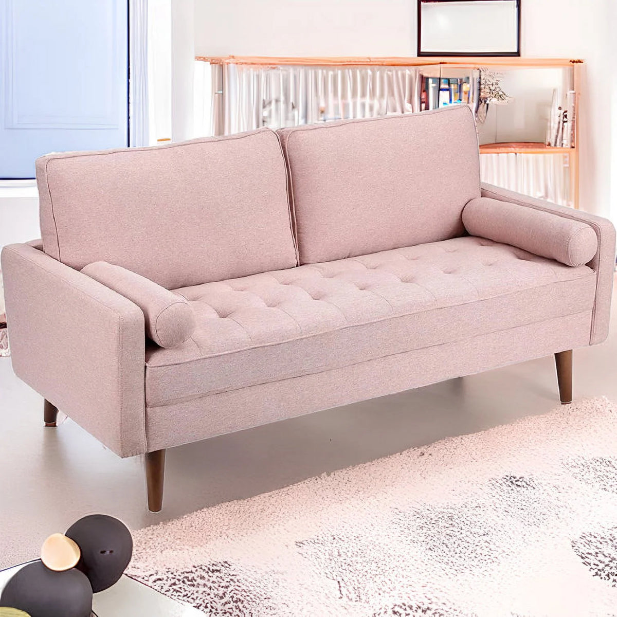 Pink Linen 2 Seater Sofa with 2 Pillows I379