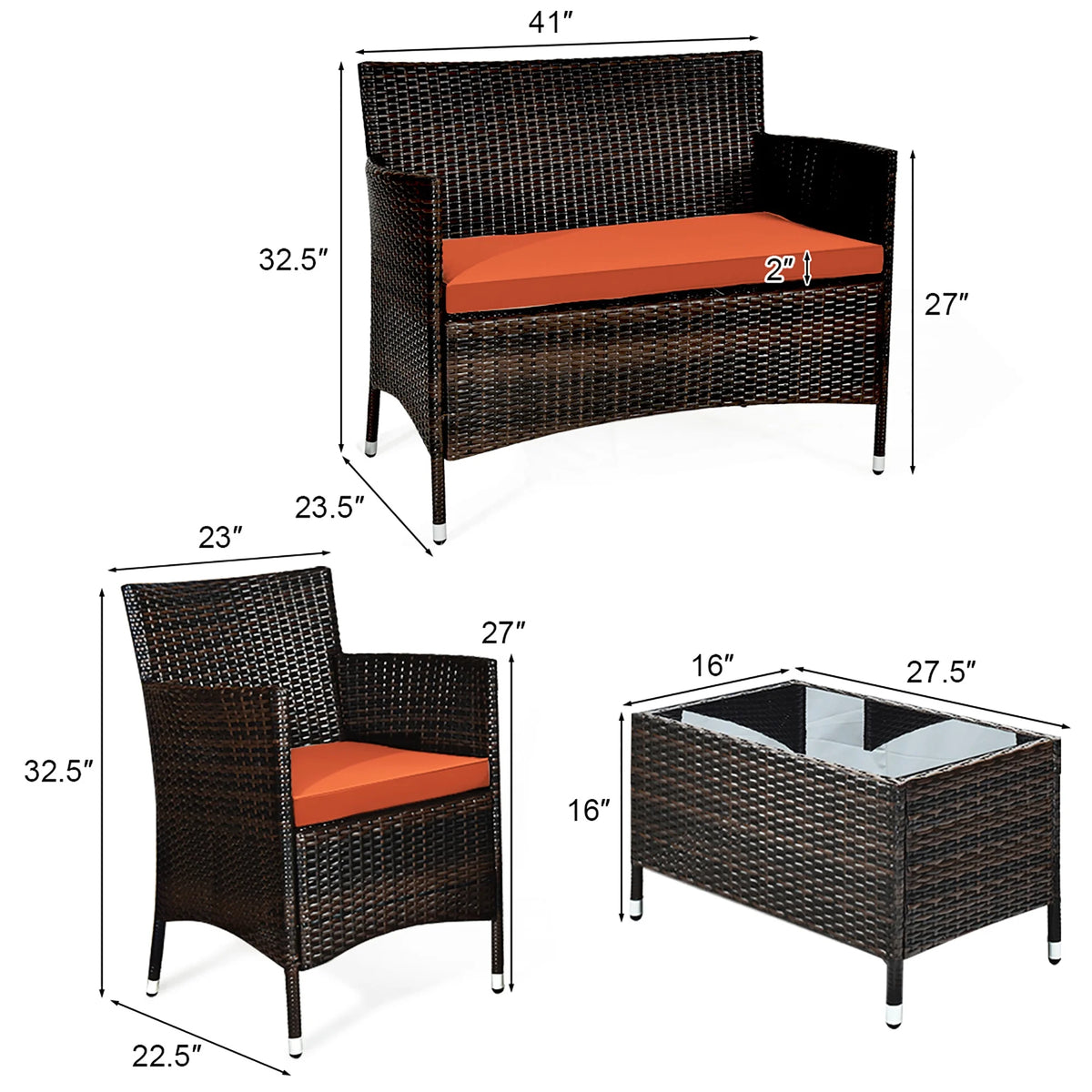 4 Pc Patio Rattan Conversation Furniture Set with Orange Cushion G561438