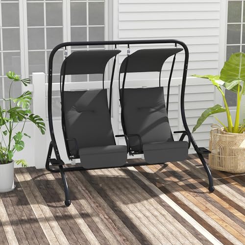 Patio Swing Chair with 2 Separate Seats, Removable Canopy and Cup Holders, Gray P799
