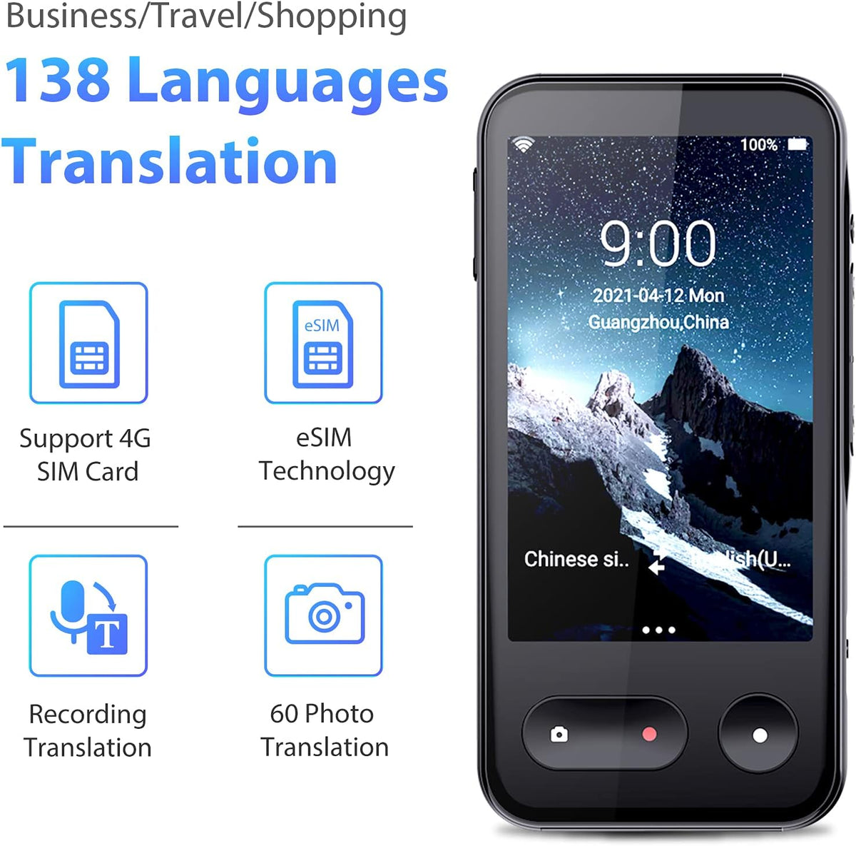 Black 138 Language Voice Translator with 4G SIM Card and Camera A5329