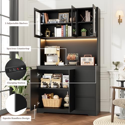 Black 71" Kitchen Pantry Cabinet with LED Lights and Charging Station A206988