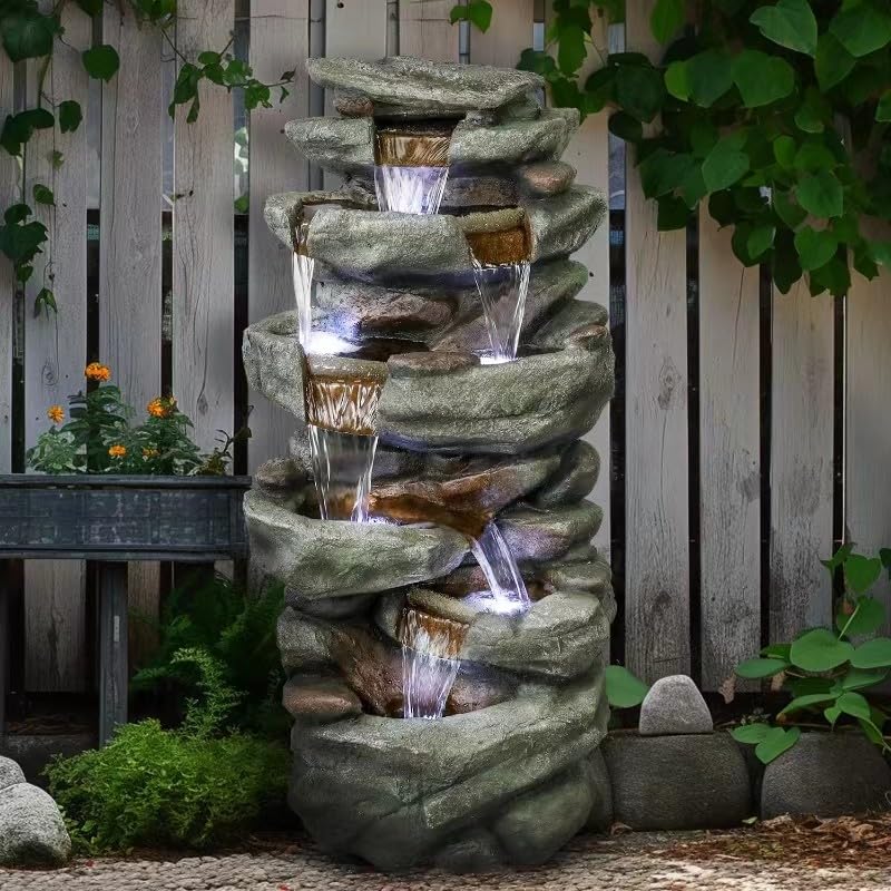40" High 6-Tiers Cascading Rock Outdoor Water Fountain with LED Lights L3104