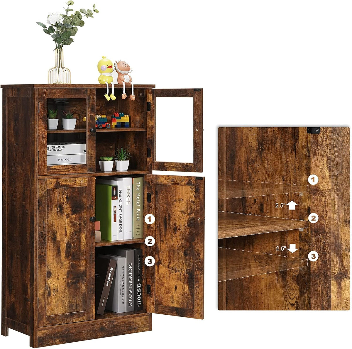 Rustic Brown Freestanding Bathroom Floor Storage Cabinet with Glass Door and Adjustable Shelf K46937