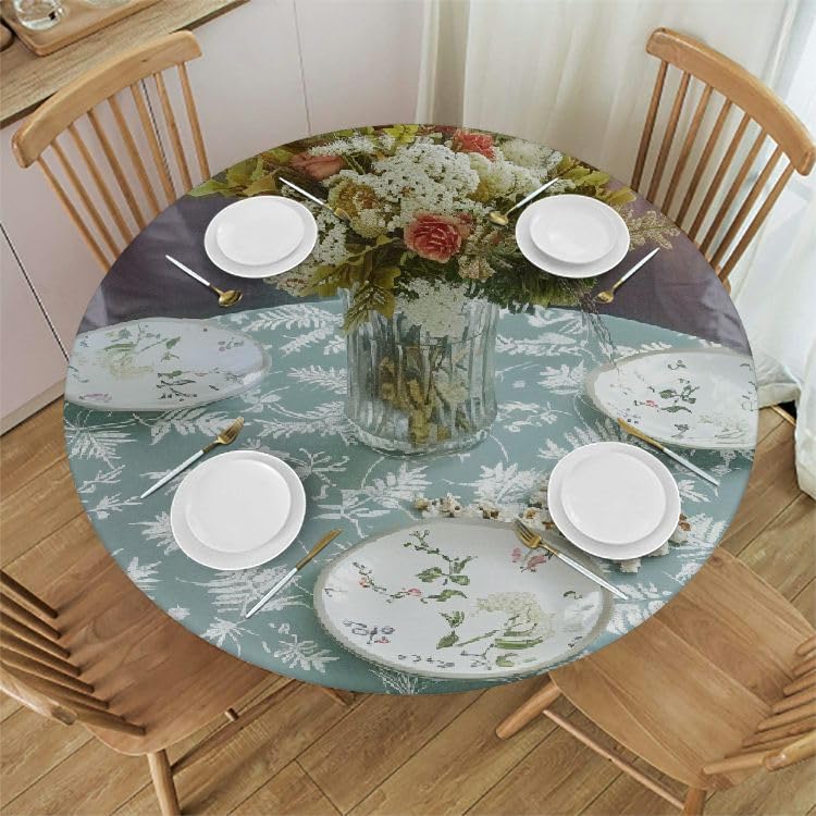 Round Vinyl Fitted Tablecloth with Flannel Backing Elastic Edge Design Table Cover L7052