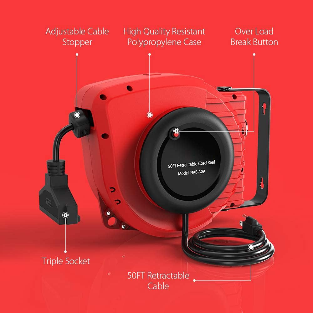 50FT Retractable Extension Cord Reel, 14AWG 13A with Triple Tap Outlet M313305