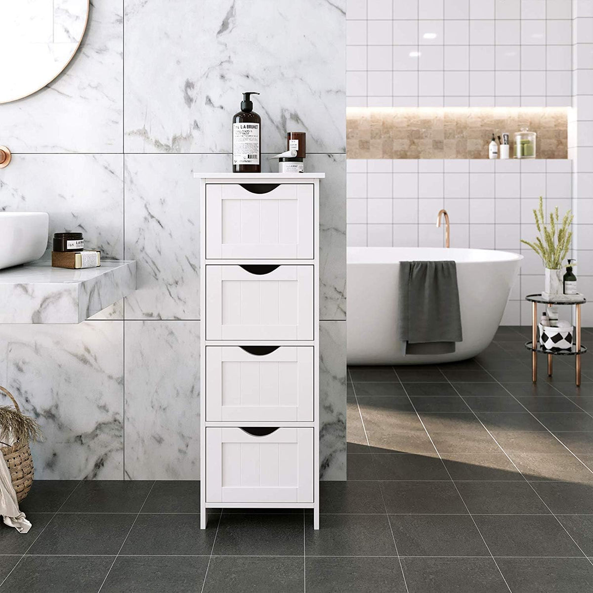 White Wooden Bathroom Floor Cabinet with 4 Drawers C70679