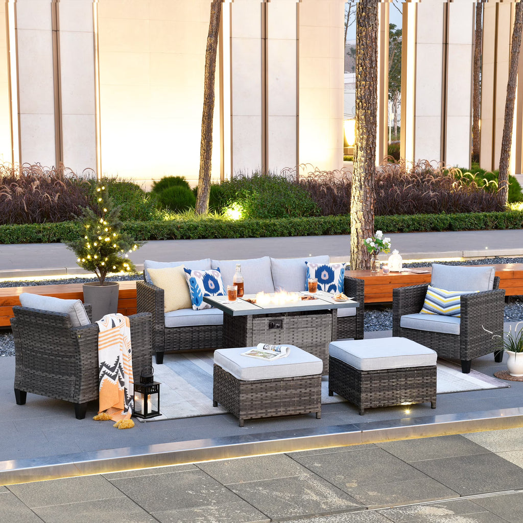 6 Pieces Outdoor Patio Furniture with Rectangle Fire Pit Table Wicker Set Z8136