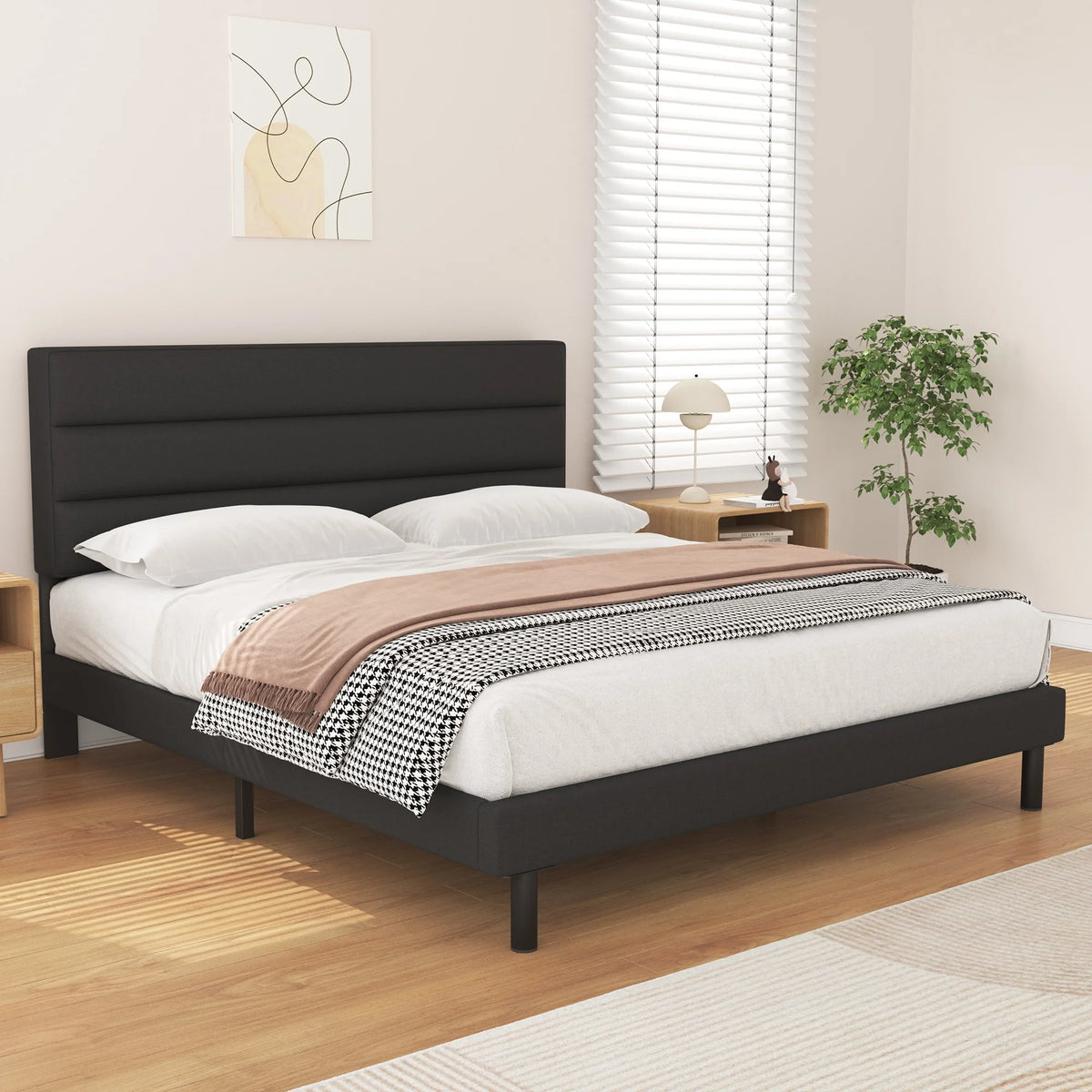 Queen Size Wingback Fabric Upholstered Platform Bed Frame D29751
