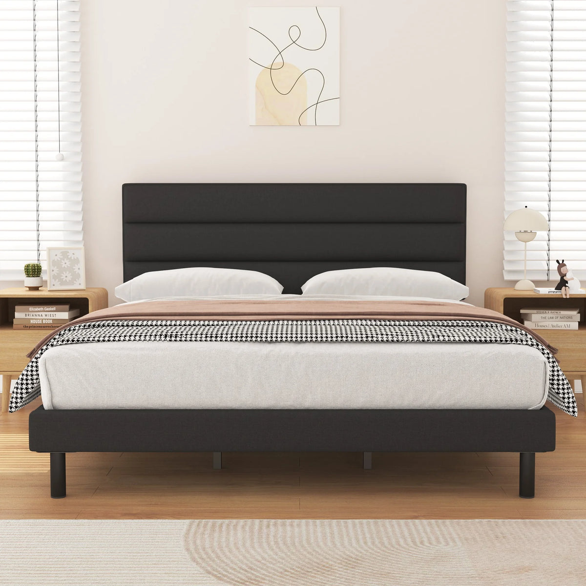 Queen Size Wingback Fabric Upholstered Platform Bed Frame D29751
