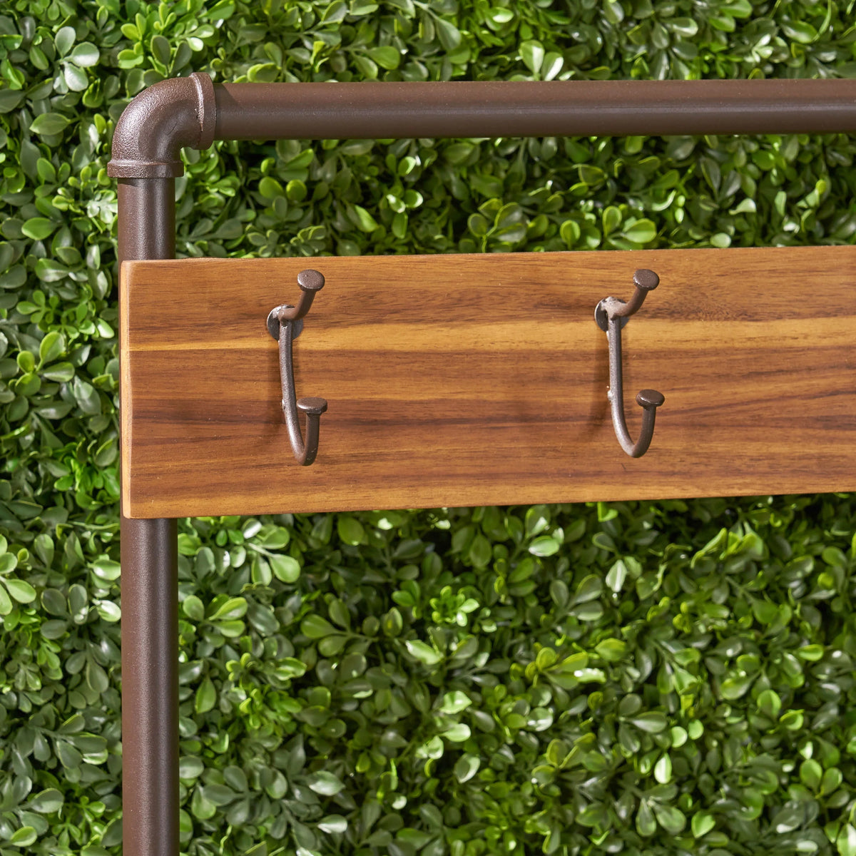Teak Acacia Wood and Iron Bench with Shelf and Coat Hooks K607