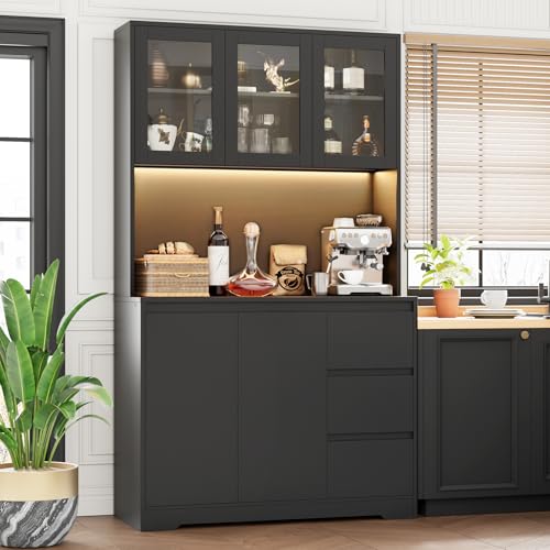 Black 71" Kitchen Pantry Cabinet with LED Lights and Charging Station A206988