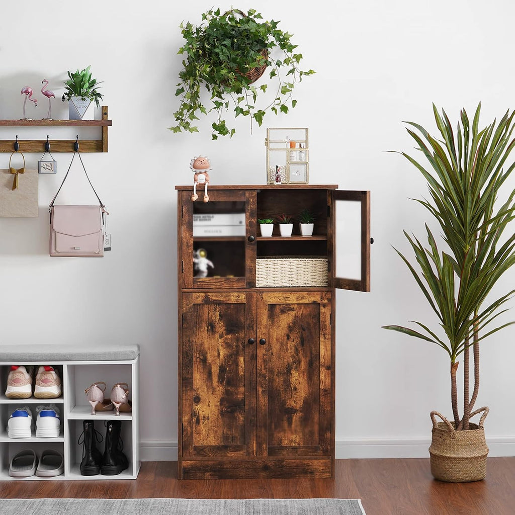 Rustic Brown Freestanding Bathroom Floor Storage Cabinet with Glass Door and Adjustable Shelf K46937