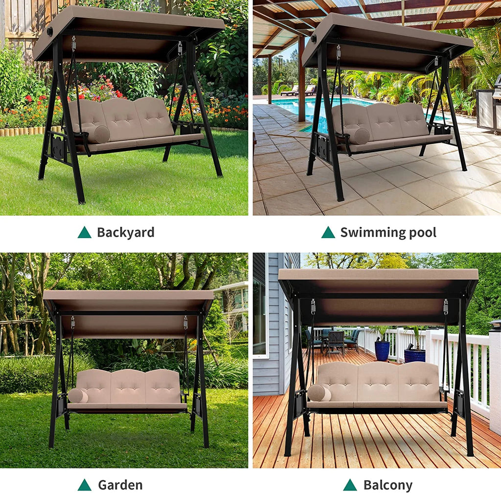 3 Person Outdoor Patio Swing Chair with Adjustable Canopy and Cushion P345