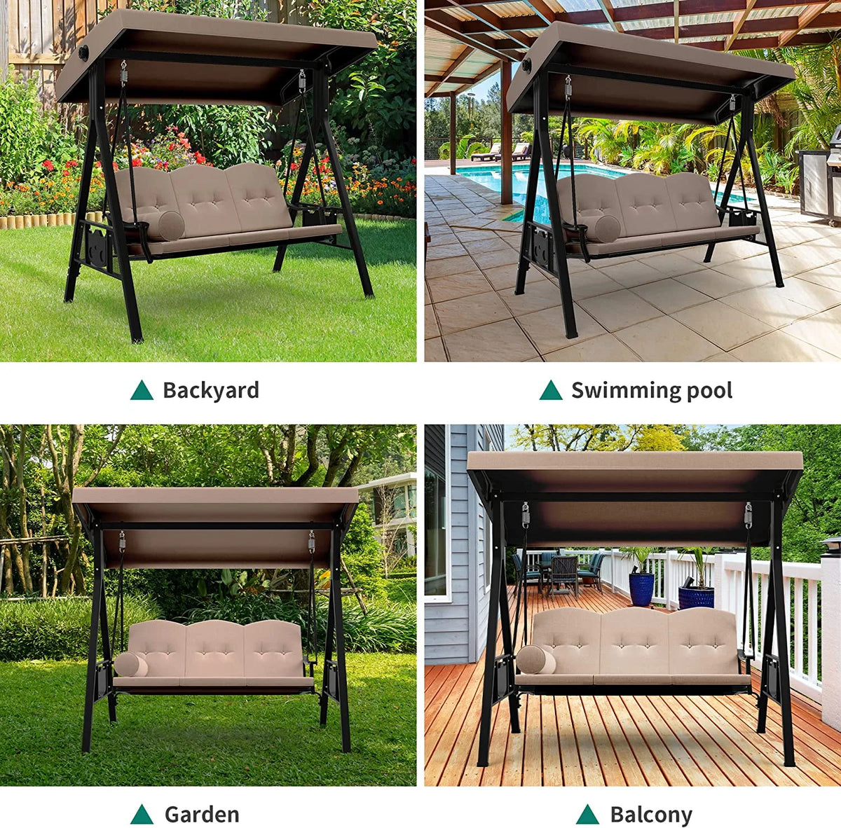 3 Person Outdoor Patio Swing Chair with Adjustable Canopy and Cushion P345
