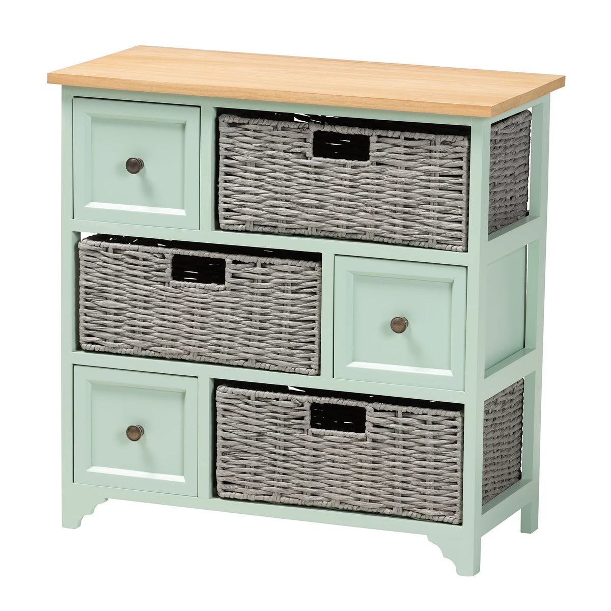 Oak Brown and Mint Green Wood 3-Drawer Storage Unit with Baskets U122