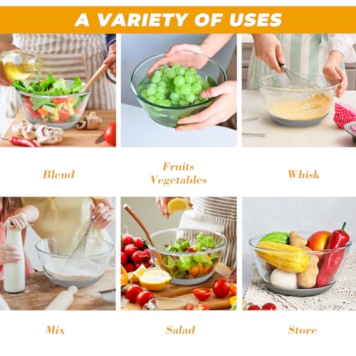 Glass Mixing Bowls Set of 3 with Airtight Lids, Non-Slip Silicone Base, Sizes: 2.2, 1.1, 0.5 QT Q224