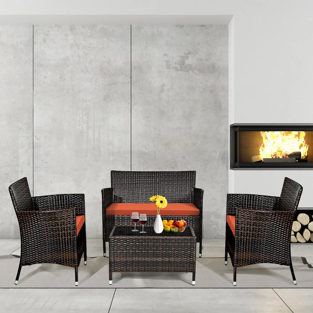 4 Pc Patio Rattan Conversation Furniture Set with Orange Cushion G561438