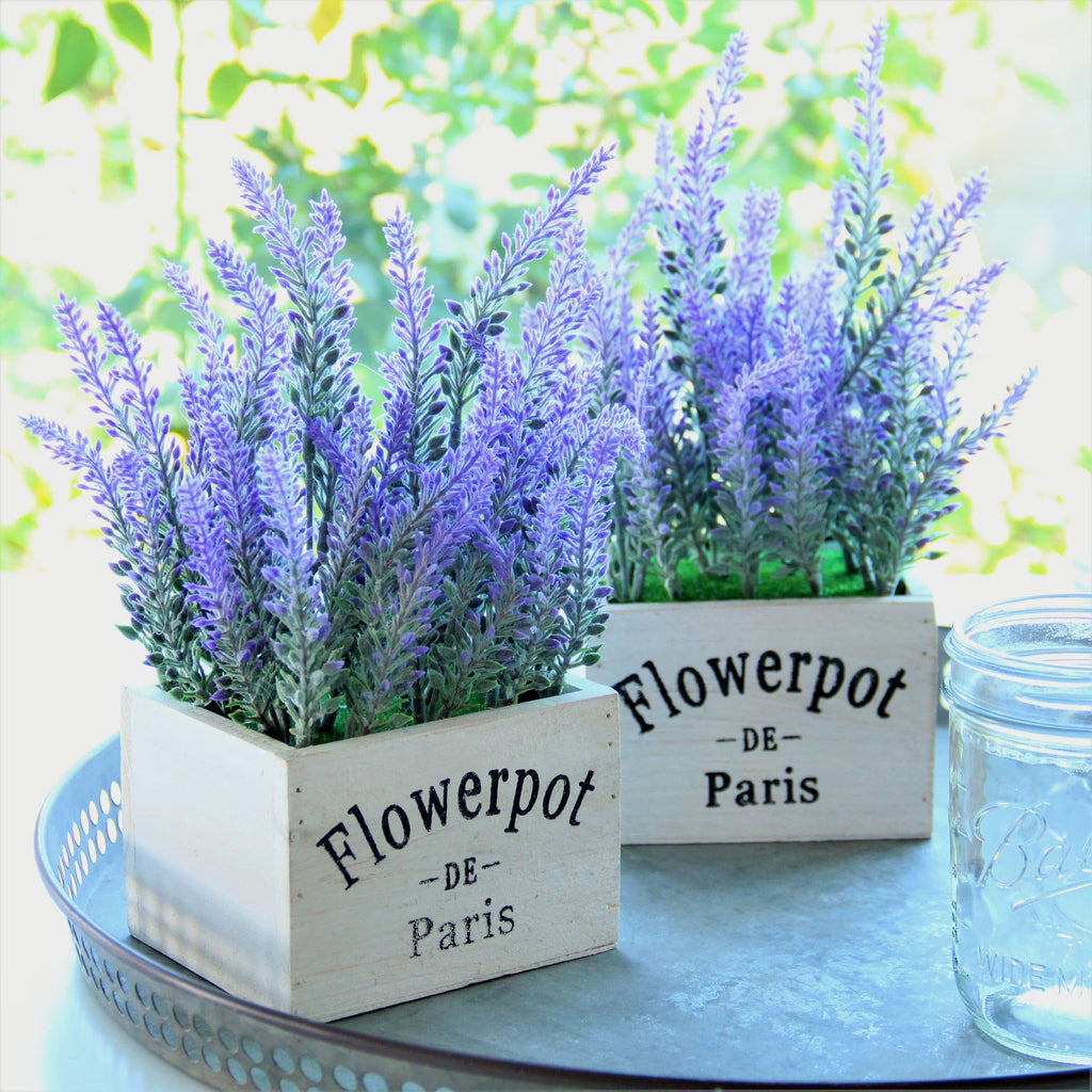 White Wood Artificial Lavender Plants in Wooden Planters, Set of Two L50361