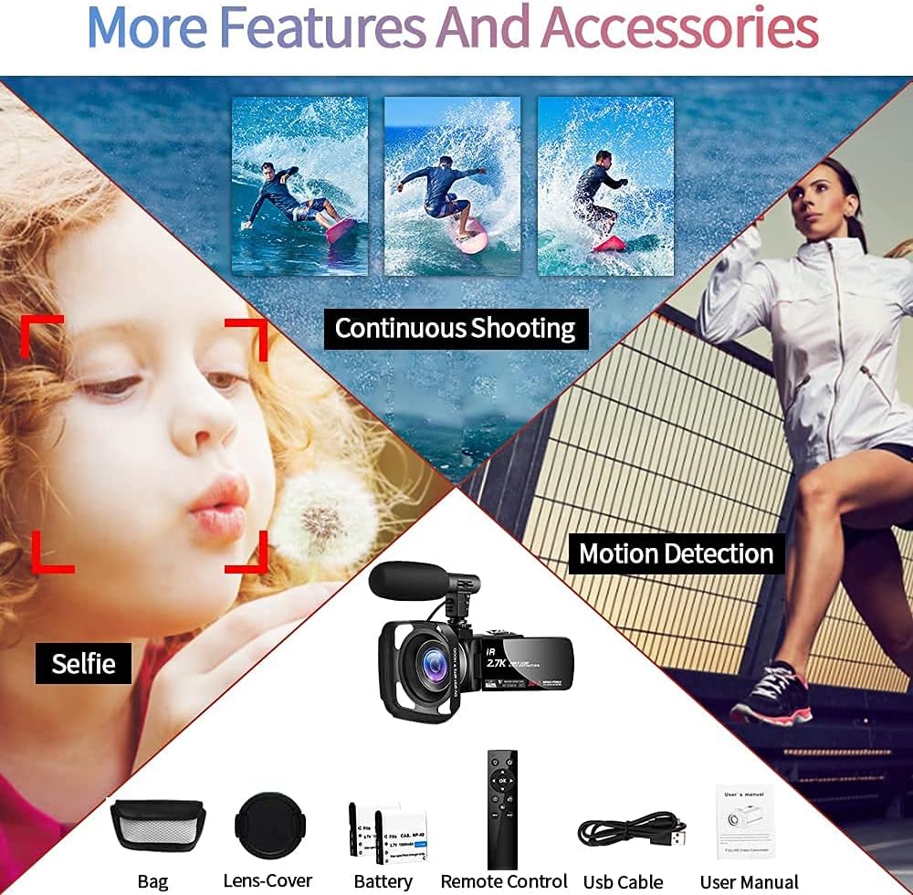 2.7K 30FPS 30MP IR Night Vision Camcorder with 2.4G Remote and Microphone F345