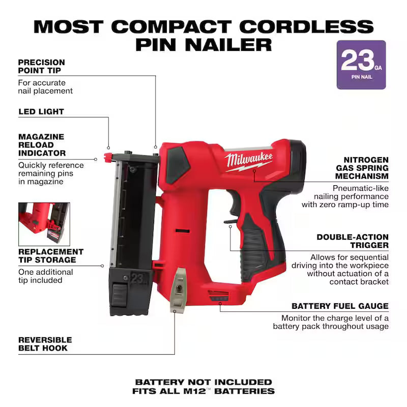 12-Volt 23-Gauge Cordless Pin Nailer with Two 1.5 Ah Compact Battery Packs N446
