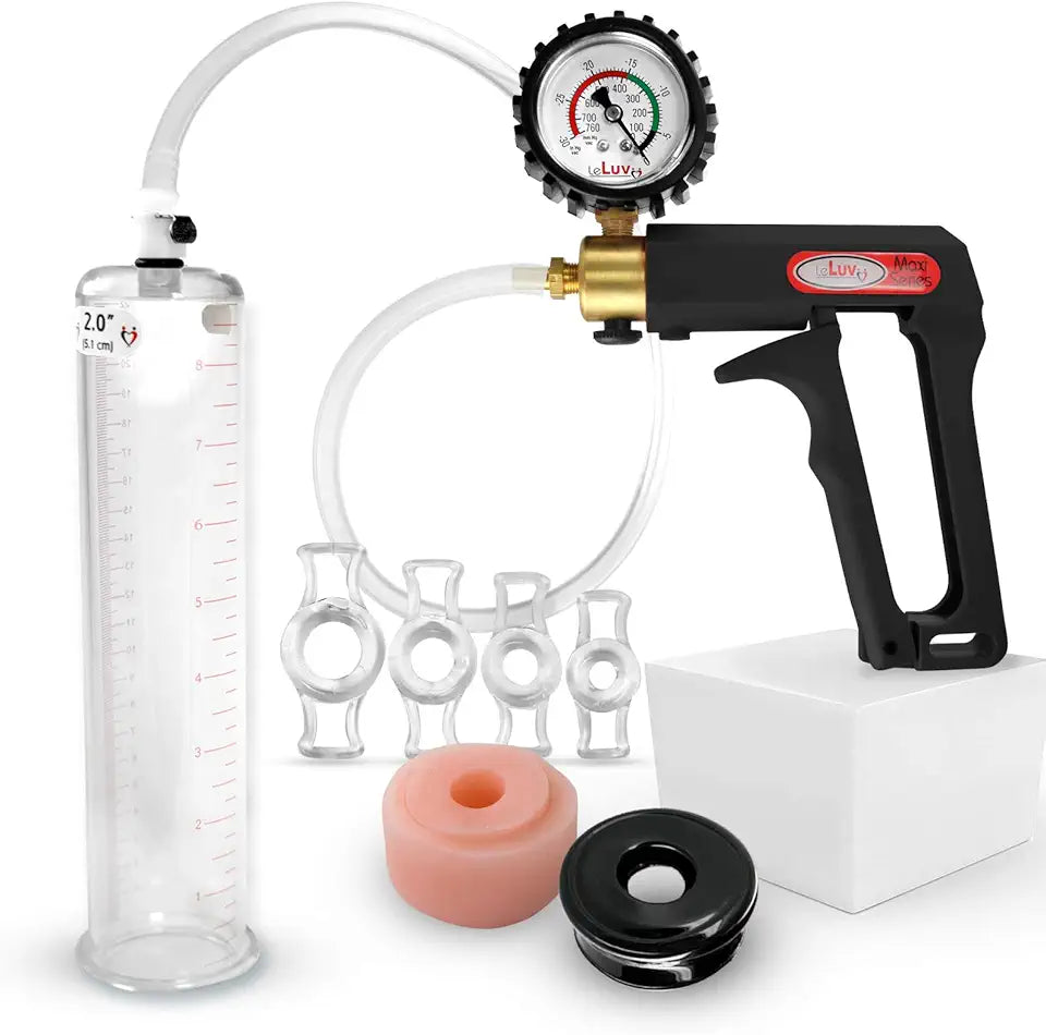 Black Handle Penis Pump with Clear Hose, Donut, Vacuum Seal and 4 Sizes of Rings, 9 inch x 2 inch Cylinder M686