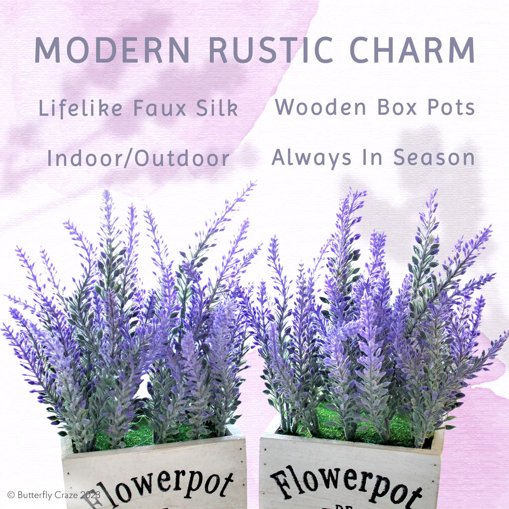 White Wood Artificial Lavender Plants in Wooden Planters, Set of Two L50361