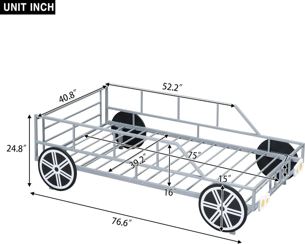 Metal Car-Shaped Platform Bed with Wheels and Guardrails K599602