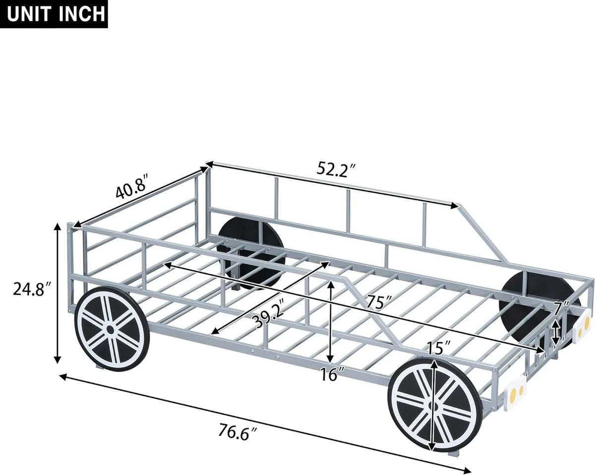 Metal Car-Shaped Platform Bed with Wheels and Guardrails K599602