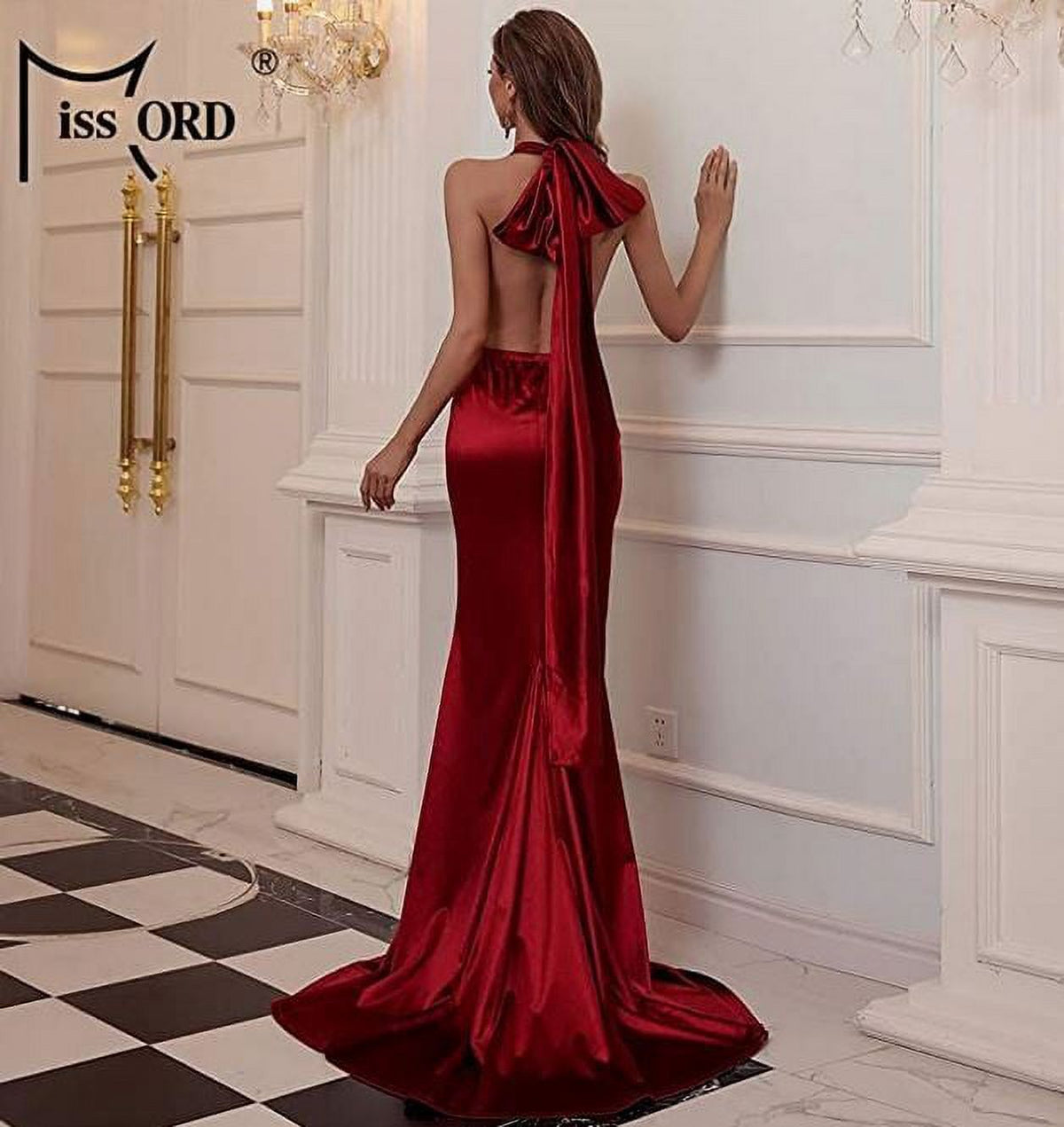 Red Medium V Neck Sleeveless Long Halter Dress A5975