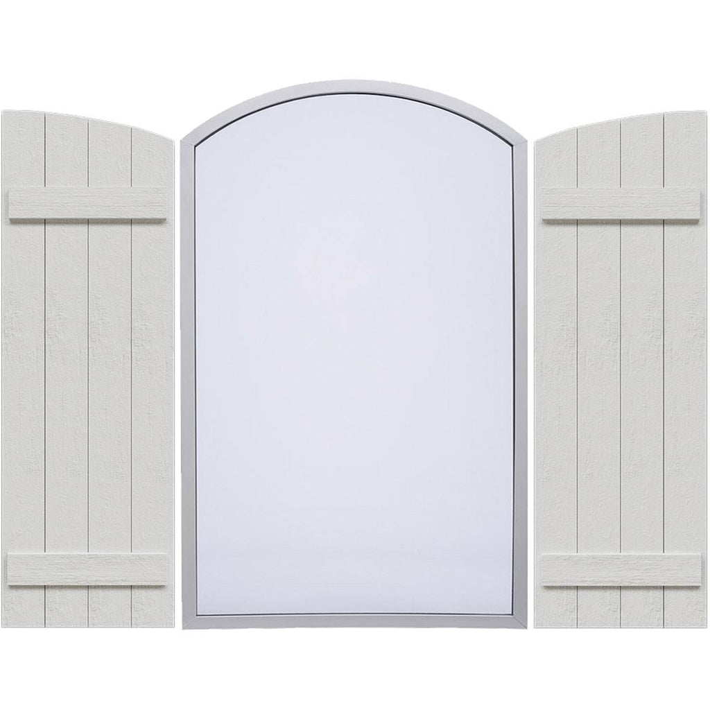Rustic Four Board Joined Board-n-Batten Faux Wood Shutters with Elliptical Arch Top K8535