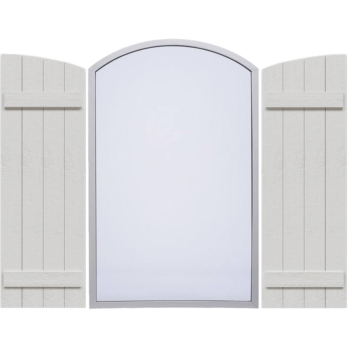 Rustic Four Board Joined Board-n-Batten Faux Wood Shutters with Elliptical Arch Top K8535