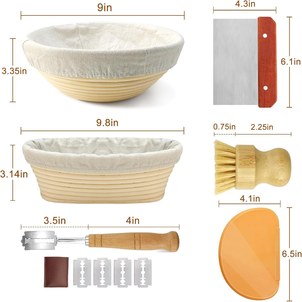 9 Inch Round & 10 Inch Oval Banneton Bread Proofing Basket with Liner, Bread Lame, Dough Scraper, Cleaning Brush M4921