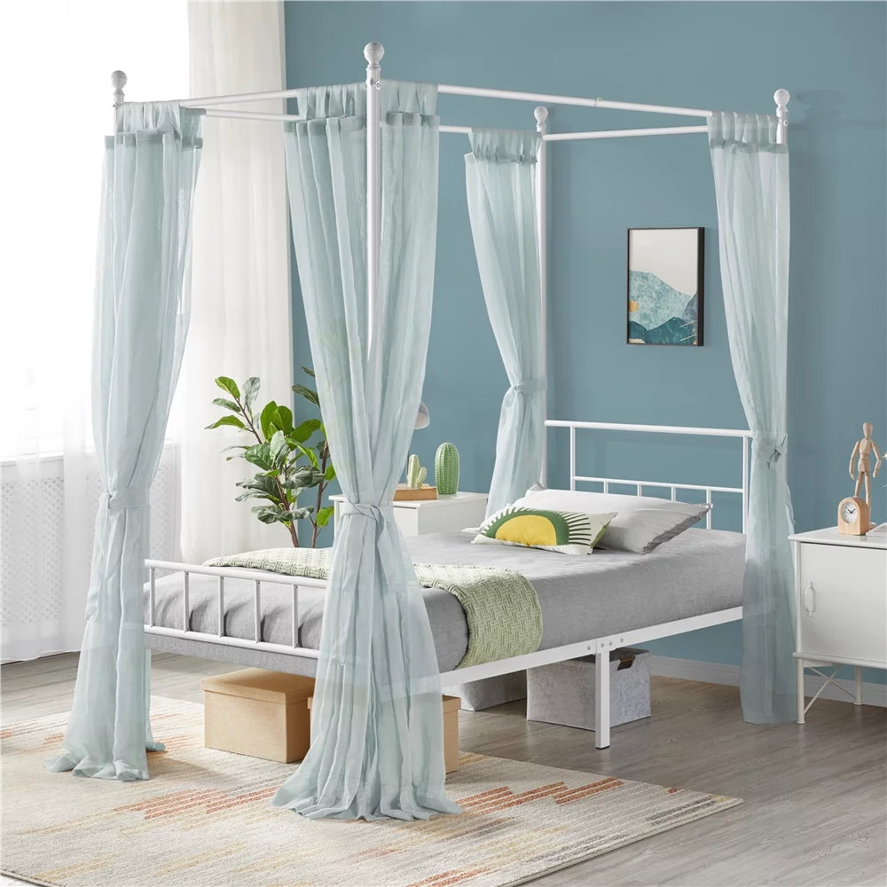 White Twin Metal Canopy Bed Frame with Headboard and Footboard N811758