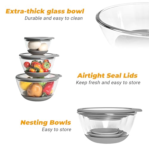 Glass Mixing Bowls Set of 3 with Airtight Lids, Non-Slip Silicone Base, Sizes: 2.2, 1.1, 0.5 QT Q224