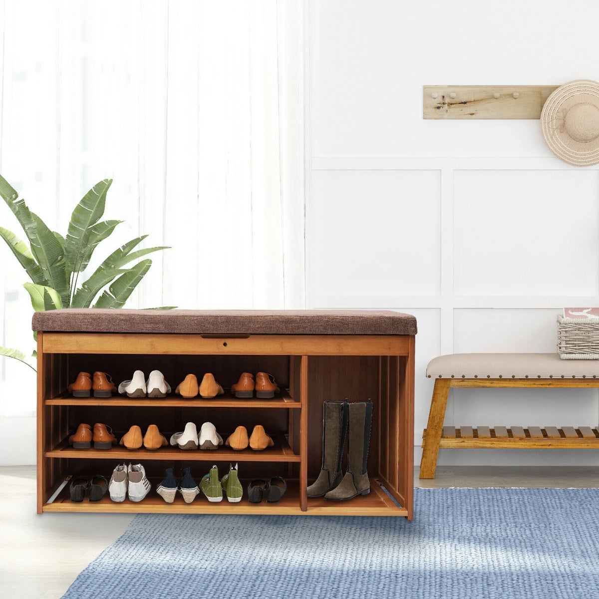 3 Tier Brown Bamboo Shoe Bench Storage Cabinet with Cushion Y939