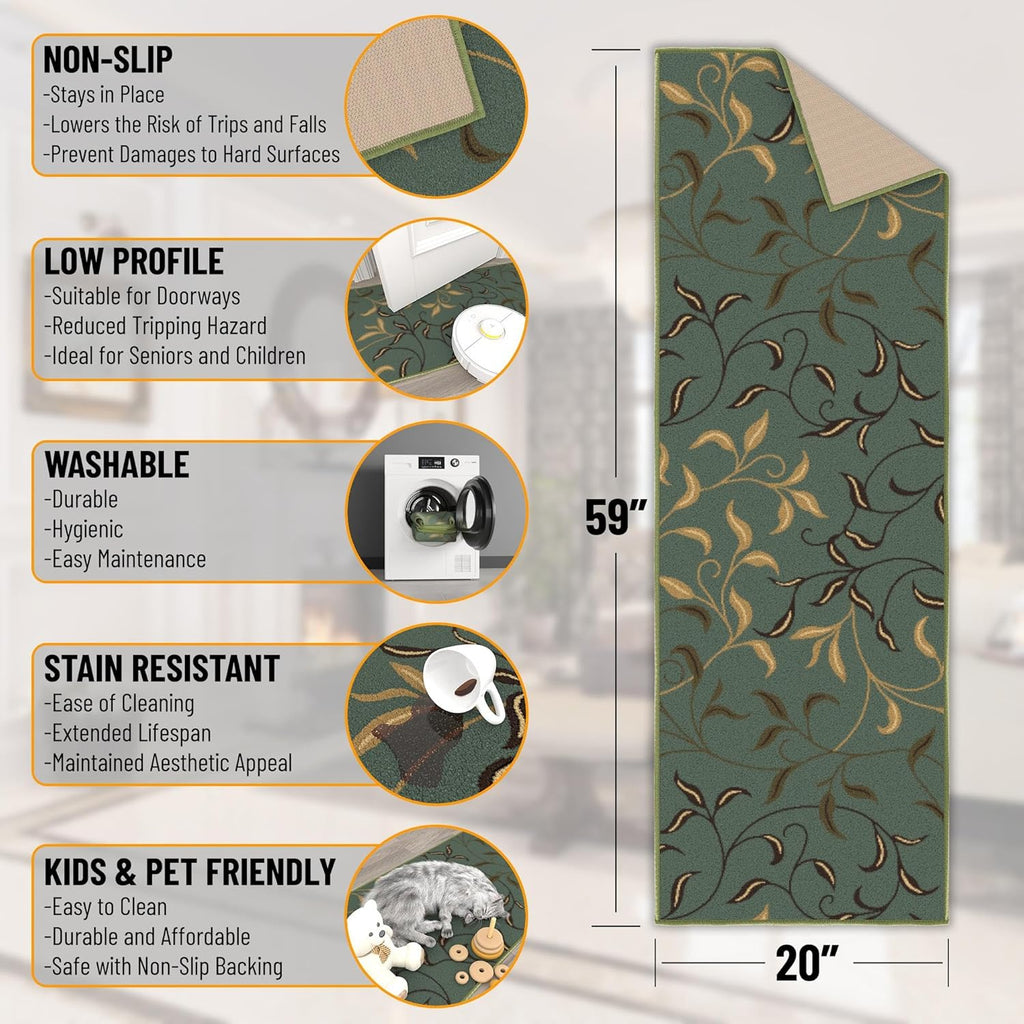 Seafoam Green Non-Slip Rubberback Runner Rug, 20" x 59" B2708