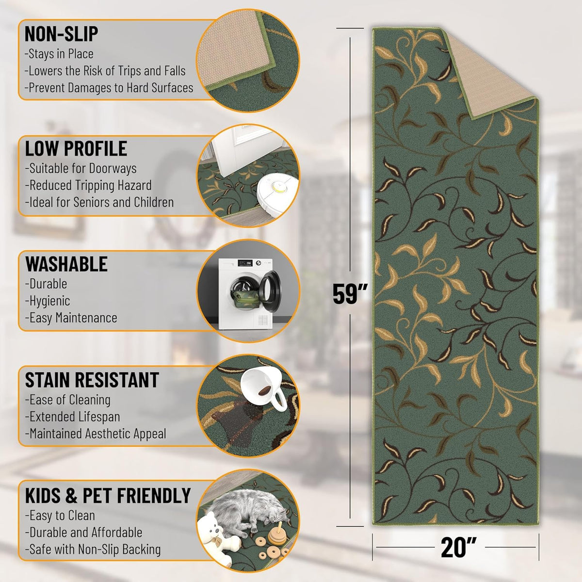 Seafoam Green Non-Slip Rubberback Runner Rug, 20" x 59" B2708