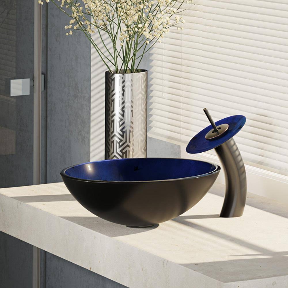 Foil Undertone Glass Vessel Sink with Antique Bronze Waterfall Faucet B900475